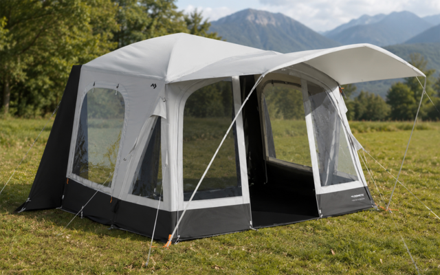 Tenda grigia e nera con ingresso aperto e finestre trasparenti su un prato; alberi e montagne sullo sfondo