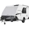 White compact travel trailer with one visible wheel, tow hitch, black front panel and side window on a white background