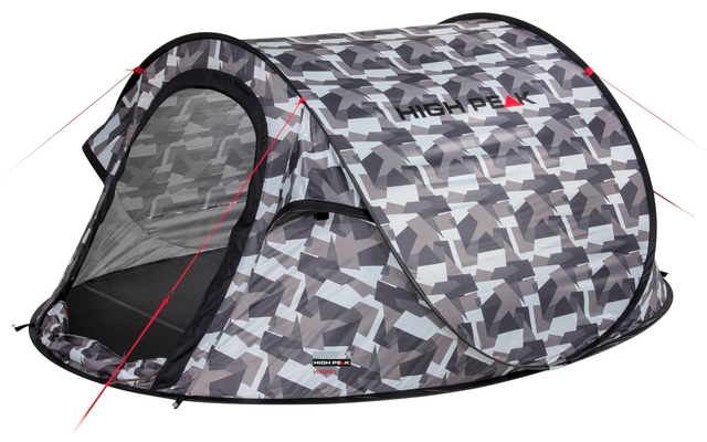 Grijs pop-uptent met geometrisch camouflagepatroon, open ingang met gaasdeur, rode scheerlijnen en "HIGH PEAK"-logo