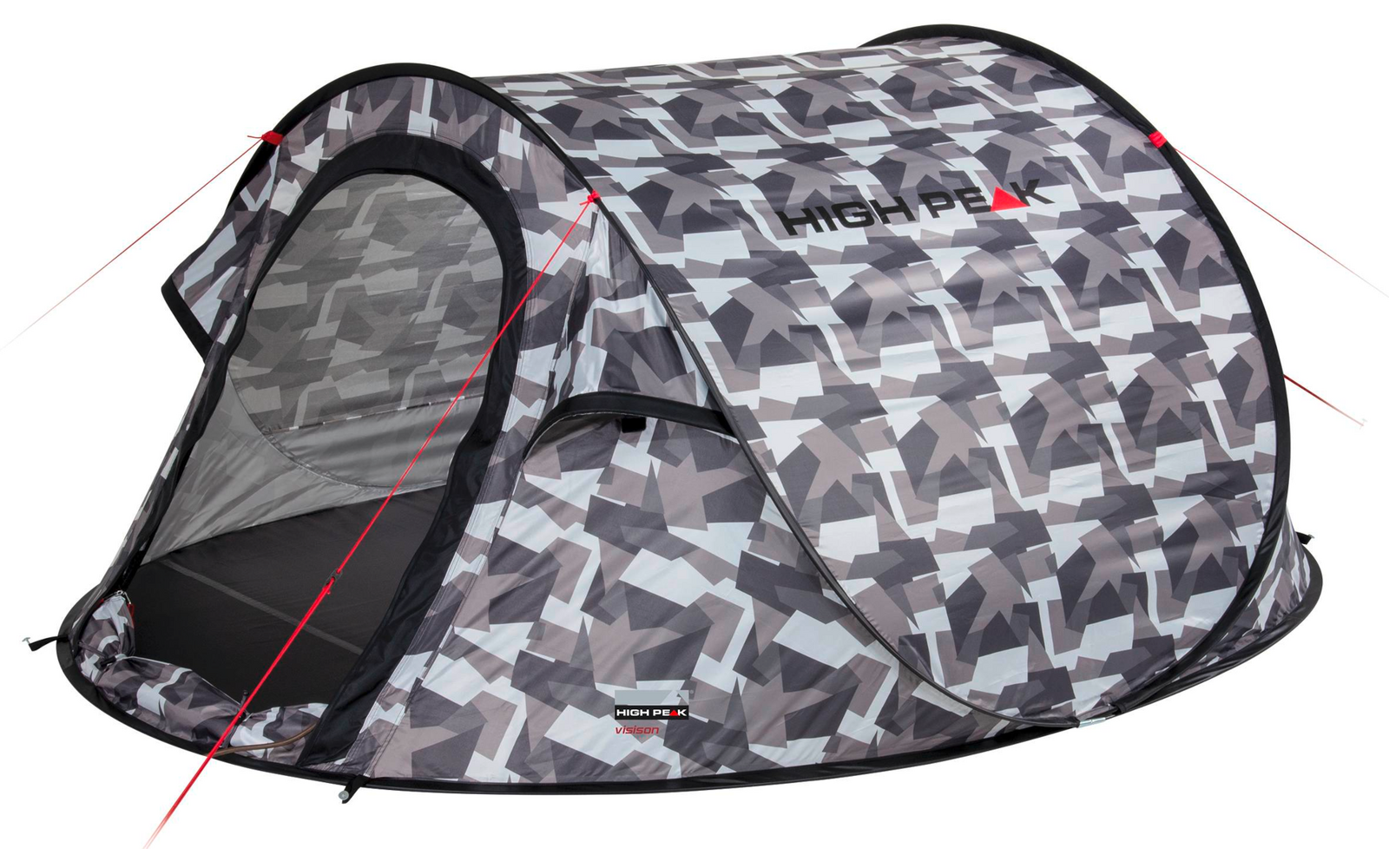 Grijs pop-uptent met geometrisch camouflagepatroon, open ingang met gaasdeur, rode scheerlijnen en "HIGH PEAK"-logo