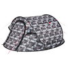 Grijs geometrisch camouflage pop-up tent met open ingang, zwarte rand en rode scheerlijnen op witte achtergrond
