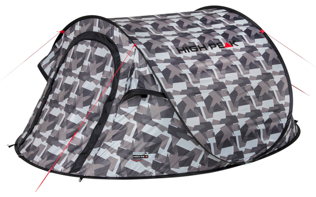 Grijs geometrisch camouflage pop-up tent met open ingang, zwarte rand en rode scheerlijnen op witte achtergrond