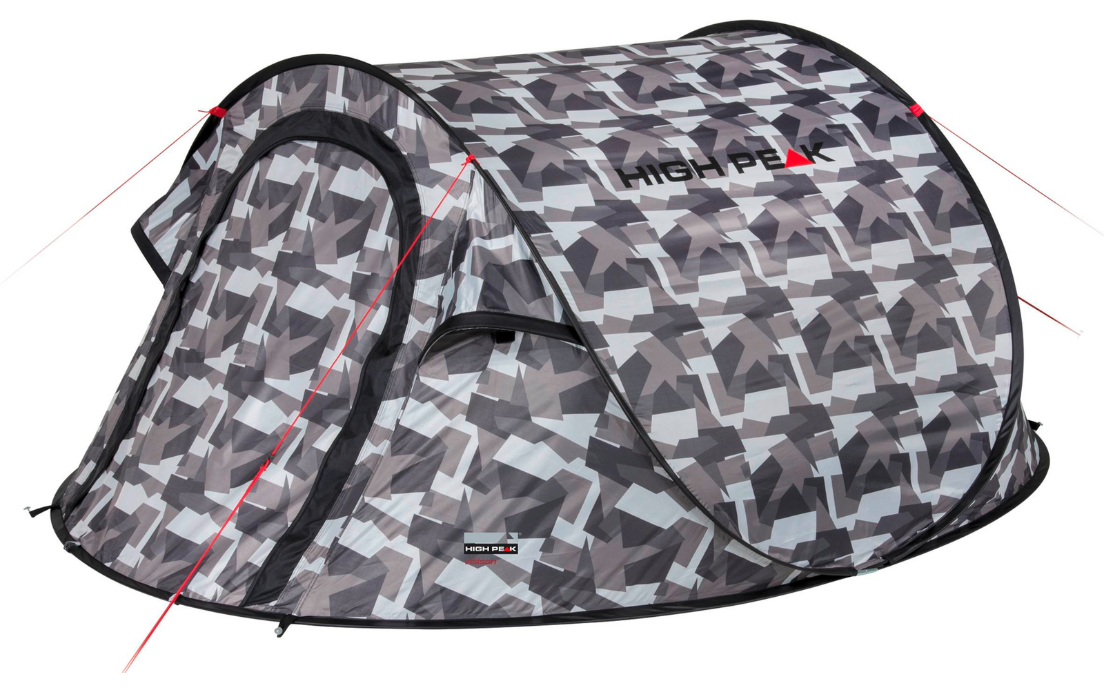 Grijs geometrisch camouflage pop-up tent met open ingang, zwarte rand en rode scheerlijnen op witte achtergrond