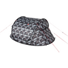 Tent met grijs geometrisch camouflagepatroon, zwarte rand, rode scheerlijnen en zichtbare logotekst aan de zijkant