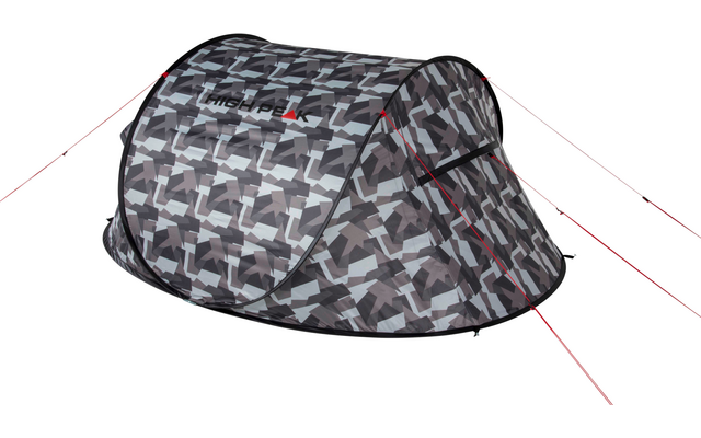 Tent met grijs geometrisch camouflagepatroon, zwarte rand, rode scheerlijnen en zichtbare logotekst aan de zijkant