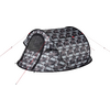 Grijs pop-up tent met camouflagepatroon, open ingang, gaasraam en rode scheerlijnen