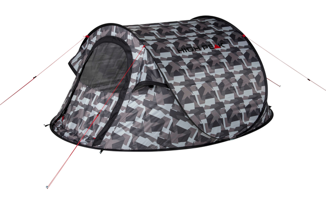 Grijs pop-up tent met camouflagepatroon, open ingang, gaasraam en rode scheerlijnen
