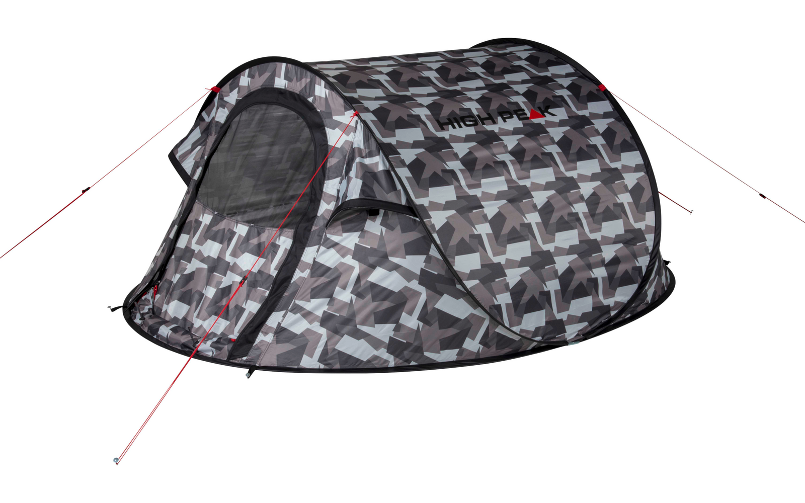 Grijs pop-up tent met camouflagepatroon, open ingang, gaasraam en rode scheerlijnen