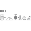 Zwart-witte afbeelding met tekst 'VISION 3' en rij pictogrammen: tentgrondplan met drie stickfiguren en de getallen '180' en '235'; halfrond profiel met '100'; rugzak-/zakpictogram met '± 2,26 kg' en '84'; stok-/buispictogram met '4,0'; cilindrisch pictogram met '2000 mm' en regendruppels; cirkel met wateroppervlak en regendruppels; kleine tent met een mug ernaast