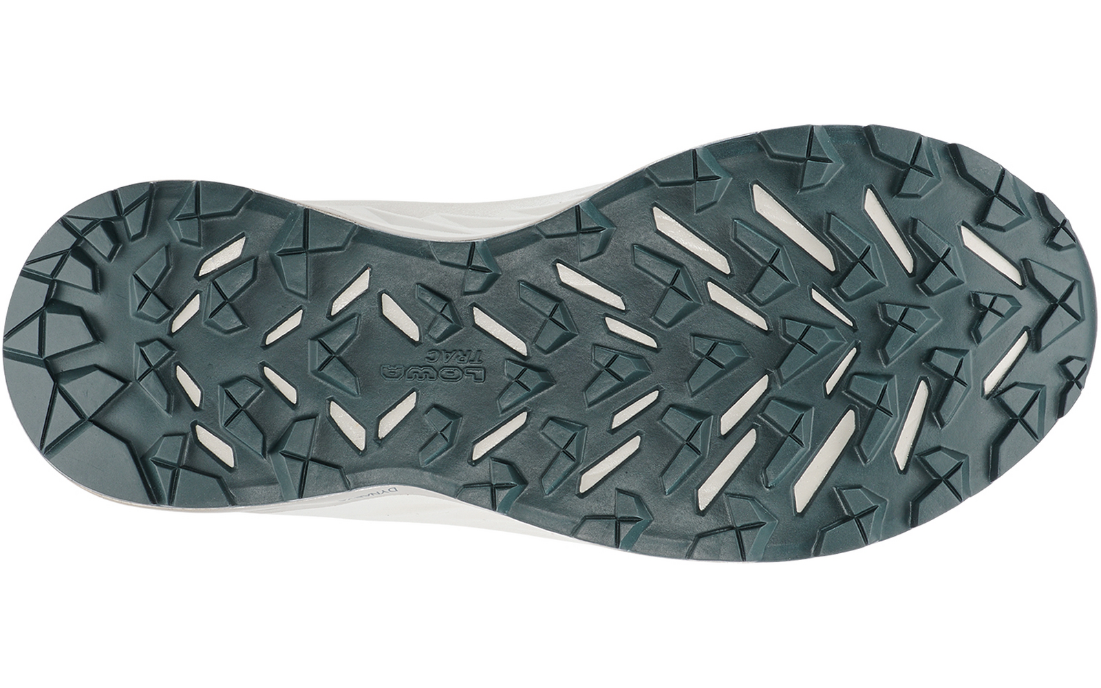 Unterseite einer Schuhsohle mit dunkelgrünem Profil und weißen Einsätzen