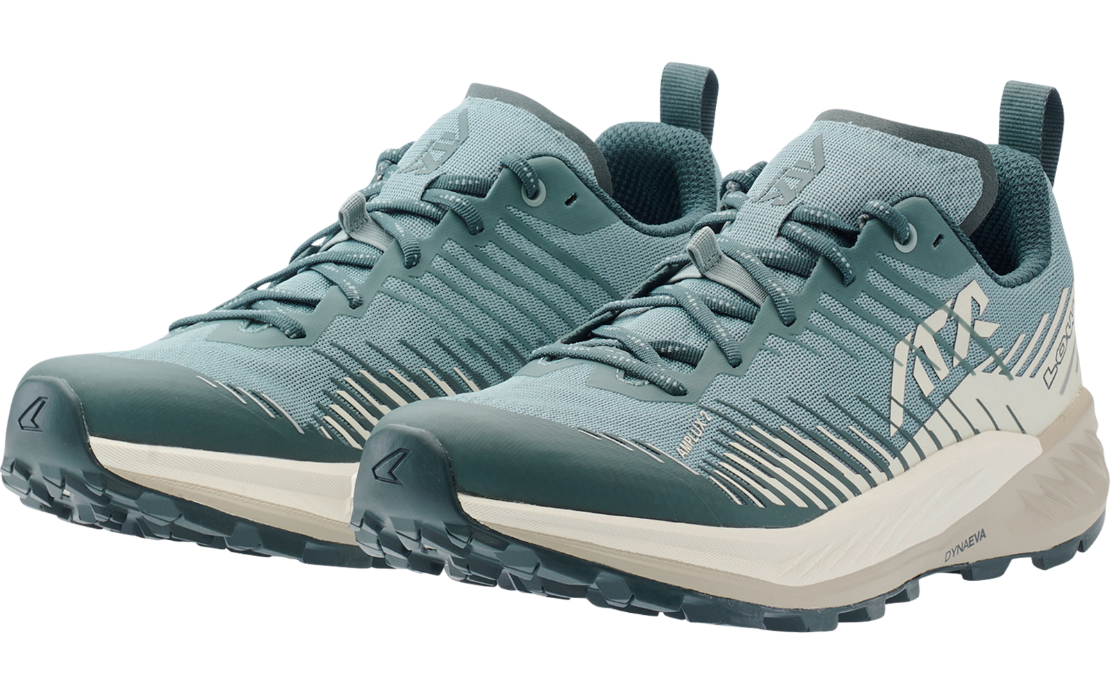 Coppia di scarpe con lacci verde-turchese con intersuola bianca e suola rigata, vista anteriore obliqua