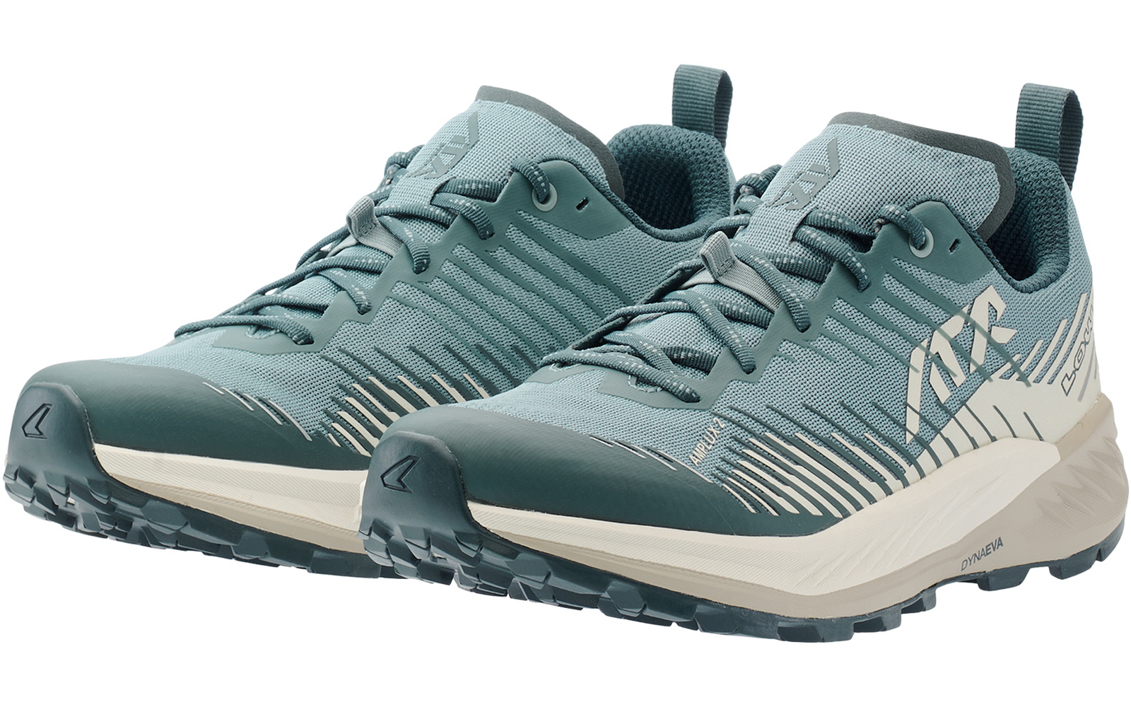 Zwei türkisgrüne Schnürschuhe mit weißer Zwischensohle und geriffelter Außensohle, schräg von vorne