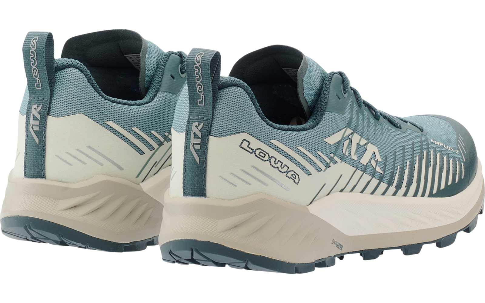 Due scarpe verde-azzurre con suole beige chiare, vista posteriore, marchio LOWA sul tallone e sulla linguetta posteriore