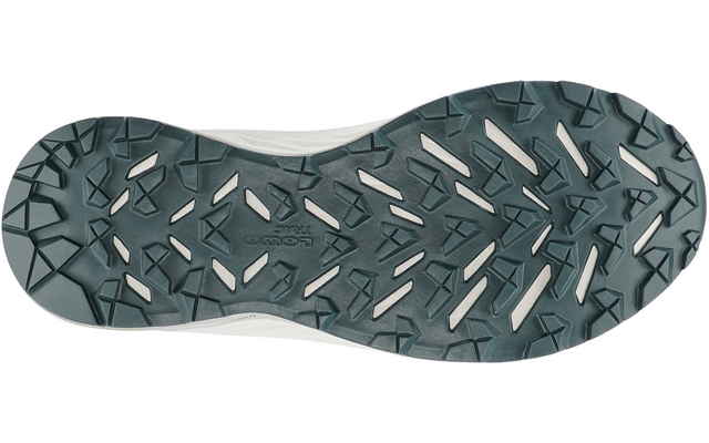 Unterseite einer Schuhsohle mit dunkelgrünem Profil und weißen Einsätzen