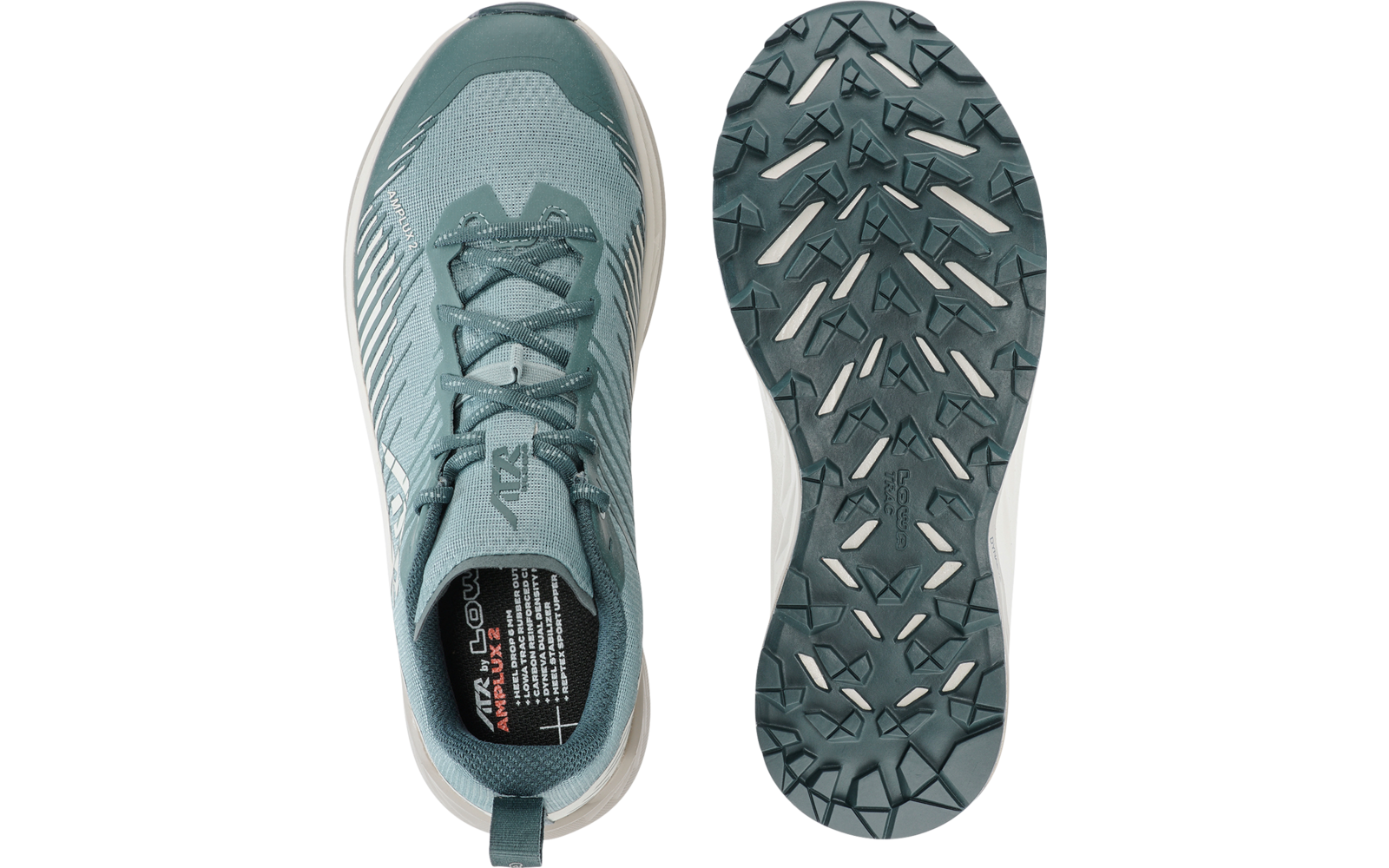 Due viste di una scarpa sportiva: a sinistra vista dall'alto blu-verde con lacci, a destra suola scolpita, intersuola bianca