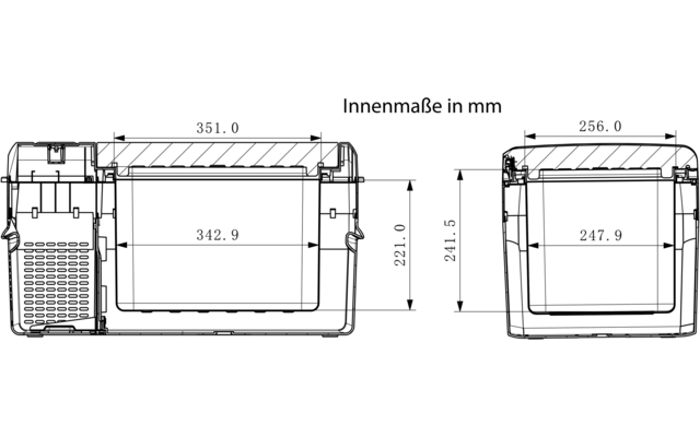 Black-and-white technical drawing showing two cross-sectional views of a rectangular container, visible text 'Innenmaße in mm', dimension lines and values (left 342.9 mm, 351.0 mm, height 221.0 mm; right 247.9 mm, 256.0 mm, height 241.5 mm). Small grid pattern at lower left and detailed top-edge features