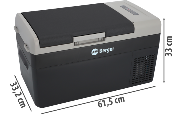 Boîtier rectangulaire noir avec couvercle gris, poignée latérale, grille de ventilation, logo 'Berger' à l'avant et mesures indiquées 85 cm × 33 cm × 45 cm