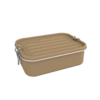 Conteneur rectangulaire beige avec couvercle amovible, dessus rainuré et deux fermetures métalliques argentées sur les côtés