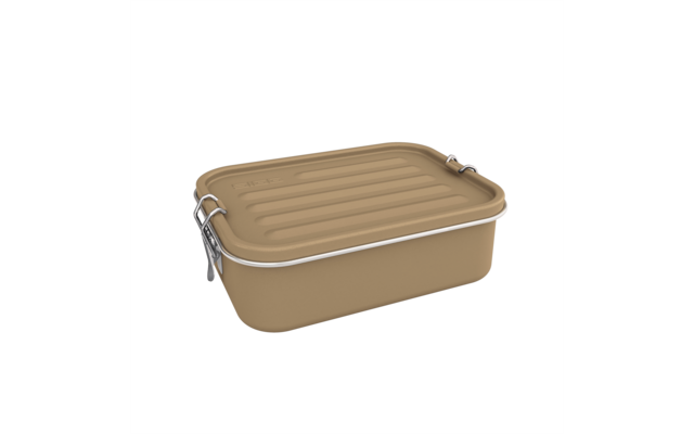 Conteneur rectangulaire beige avec couvercle amovible, dessus rainuré et deux fermetures métalliques argentées sur les côtés