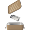 Boîte métallique rectangulaire beige avec intérieur argenté, couvercle assorti nervuré et petit insert argenté