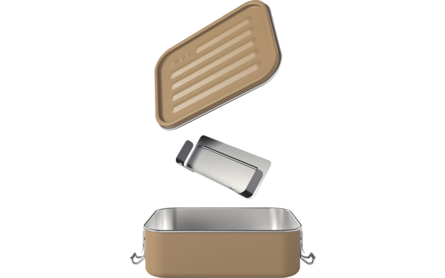 Boîte métallique rectangulaire beige avec intérieur argenté, couvercle assorti nervuré et petit insert argenté