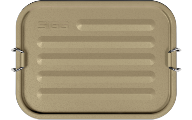 Caja metálica rectangular color dorado, esquinas redondeadas, ranuras horizontales, dos asas laterales de metal y texto en relieve arriba a la izquierda