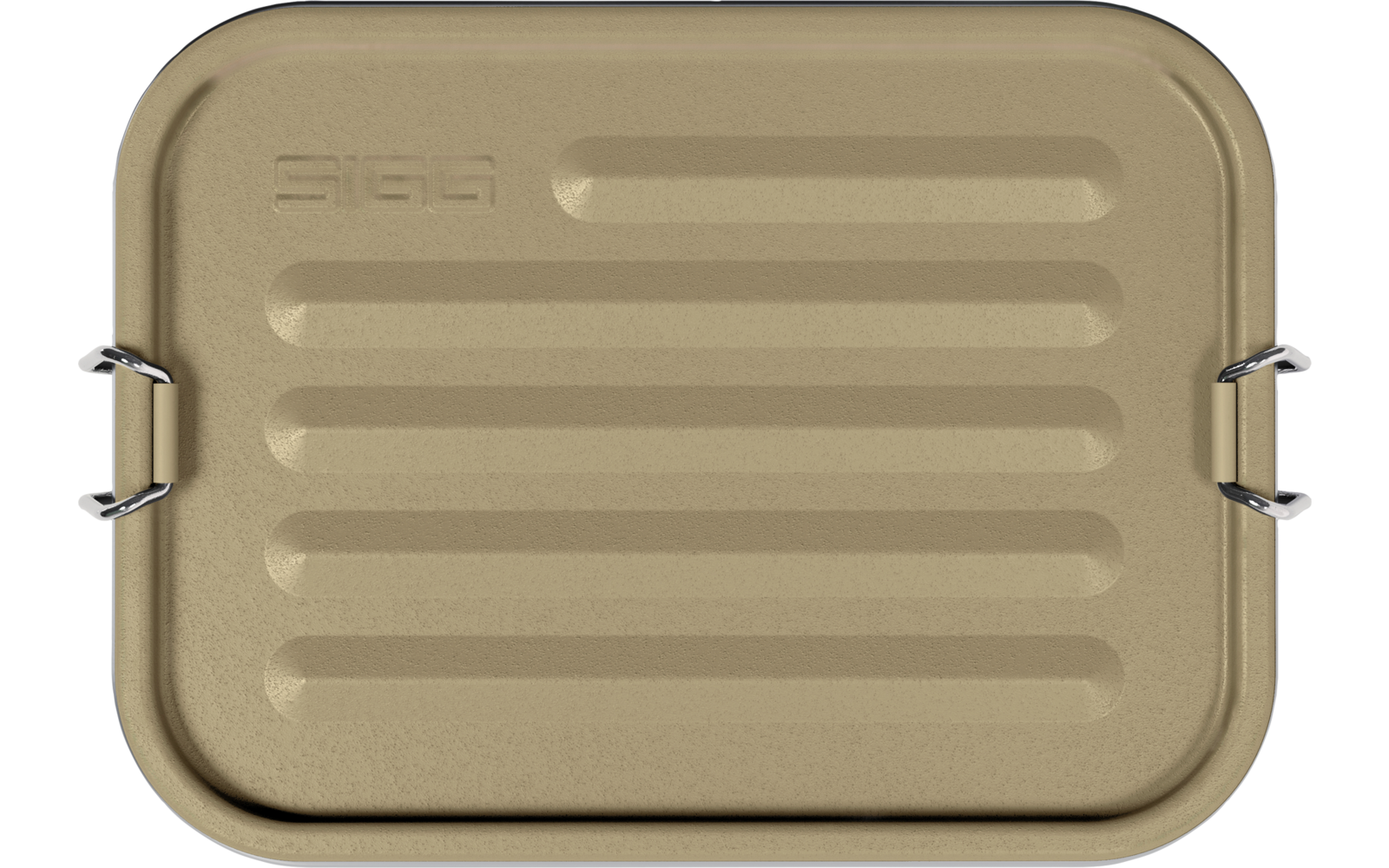 Caja metálica rectangular color dorado, esquinas redondeadas, ranuras horizontales, dos asas laterales de metal y texto en relieve arriba a la izquierda