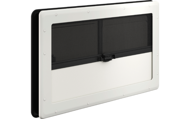 Marco rectangular blanco con inserto negro de dos partes y cierre central sobre fondo blanco