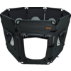 Octagonal dark gray fabric playpen with mesh windows, zip door, and bone-shaped tag