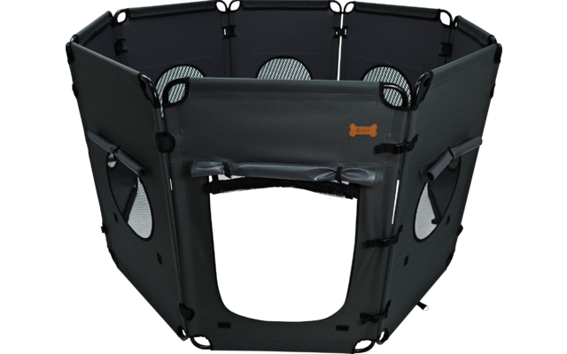 Octagonal dark gray fabric playpen with mesh windows, zip door, and bone-shaped tag