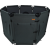 Hexagonal dark gray fabric structure with six connected panels; front panel with a door and buckles; side panels with pockets; small orange bone-shaped patch on the front