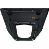 Grey foldable fabric panel with a rectangular central opening, black fastening straps, plastic hooks, and a small brown bone-shaped label