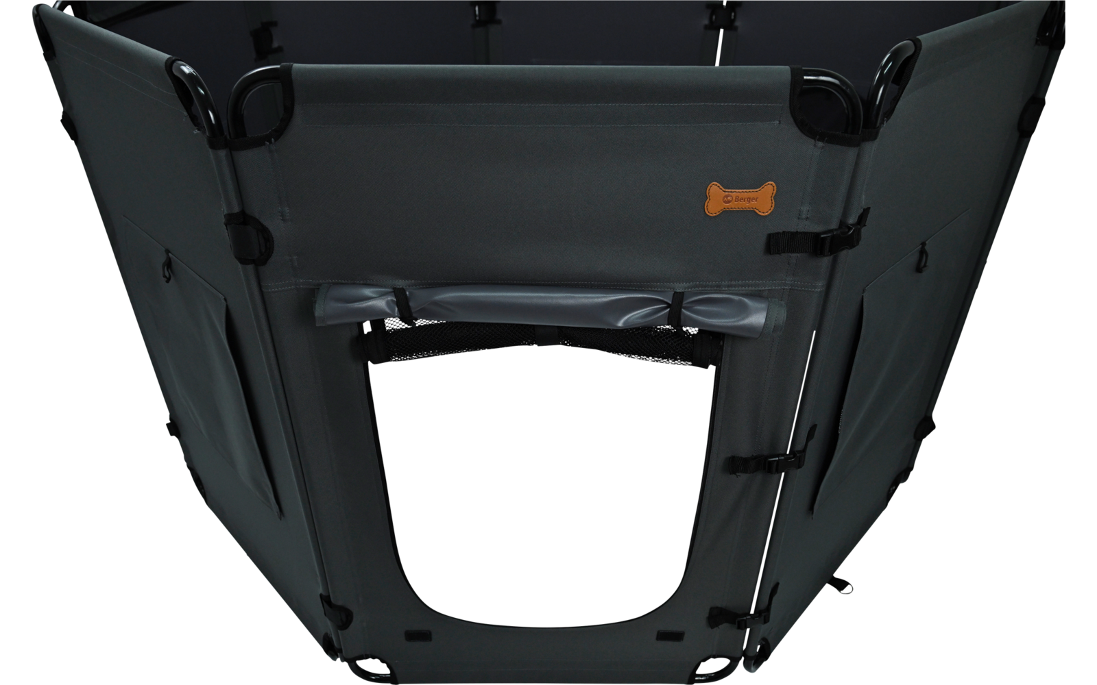 Grey foldable fabric panel with a rectangular central opening, black fastening straps, plastic hooks, and a small brown bone-shaped label