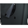Gray fabric with a round mesh opening, lifted flap with Velcro and two rectangular Velcro patches