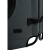 Close-up of a grey fabric panel with zipper edge, black strap with plastic buckle, stitched seams, small rectangular Velcro patch and black plastic frame
