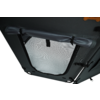 Grey fabric opening with rectangular mesh window, rolled-up flap at top secured by a black strap, visible zipper and buckles