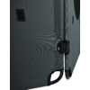 Close-up of gray fabric covering with seam, small Velcro patch, black strap with buckle, and black metal frame at the bottom