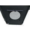 Dark gray rectangular surface with a centered round white mesh insert and black rim, a horizontal bar with attached cable above, corner latches visible