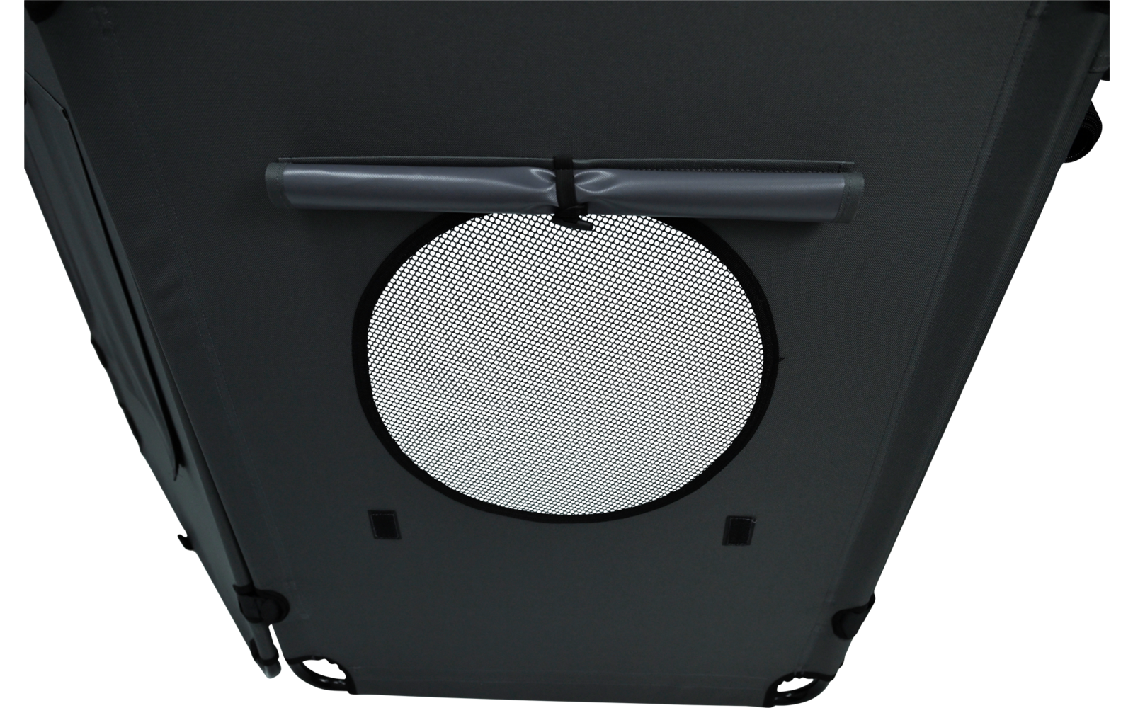 Dark gray rectangular surface with a centered round white mesh insert and black rim, a horizontal bar with attached cable above, corner latches visible