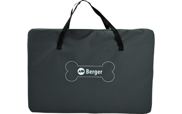 Dark gray rectangular carrying bag with black handles and a white bone-shaped logo reading 'Berger'