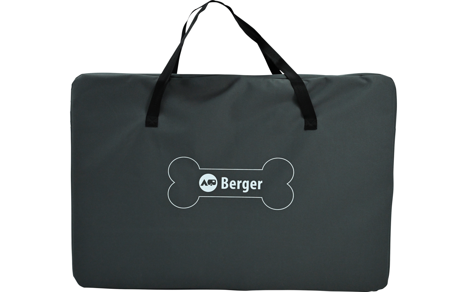 Dark gray rectangular carrying bag with black handles and a white bone-shaped logo reading 'Berger'