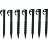 Seven black plastic pegs with hooked tops and serrated shafts side by side