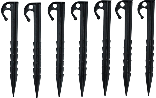 Seven black plastic pegs with hooked tops and serrated shafts side by side