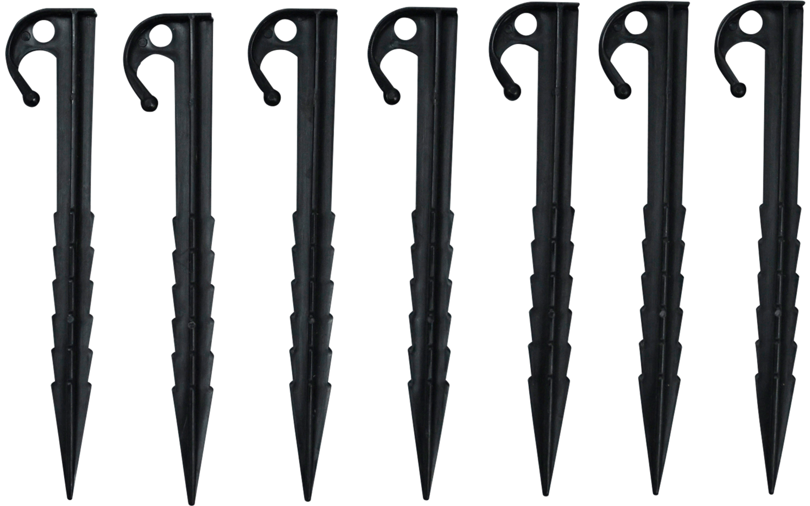 Seven black plastic pegs with hooked tops and serrated shafts side by side