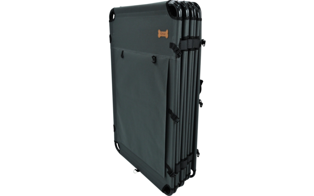 Folded gray frame with fabric covering, visible black metal bars, black plastic feet and a brown bone-shaped logo