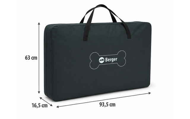 Rectangular dark carry bag with two handles, bone-shaped logo reading "Berger", and dimension markers 63 × 16.5 × 93.5 cm