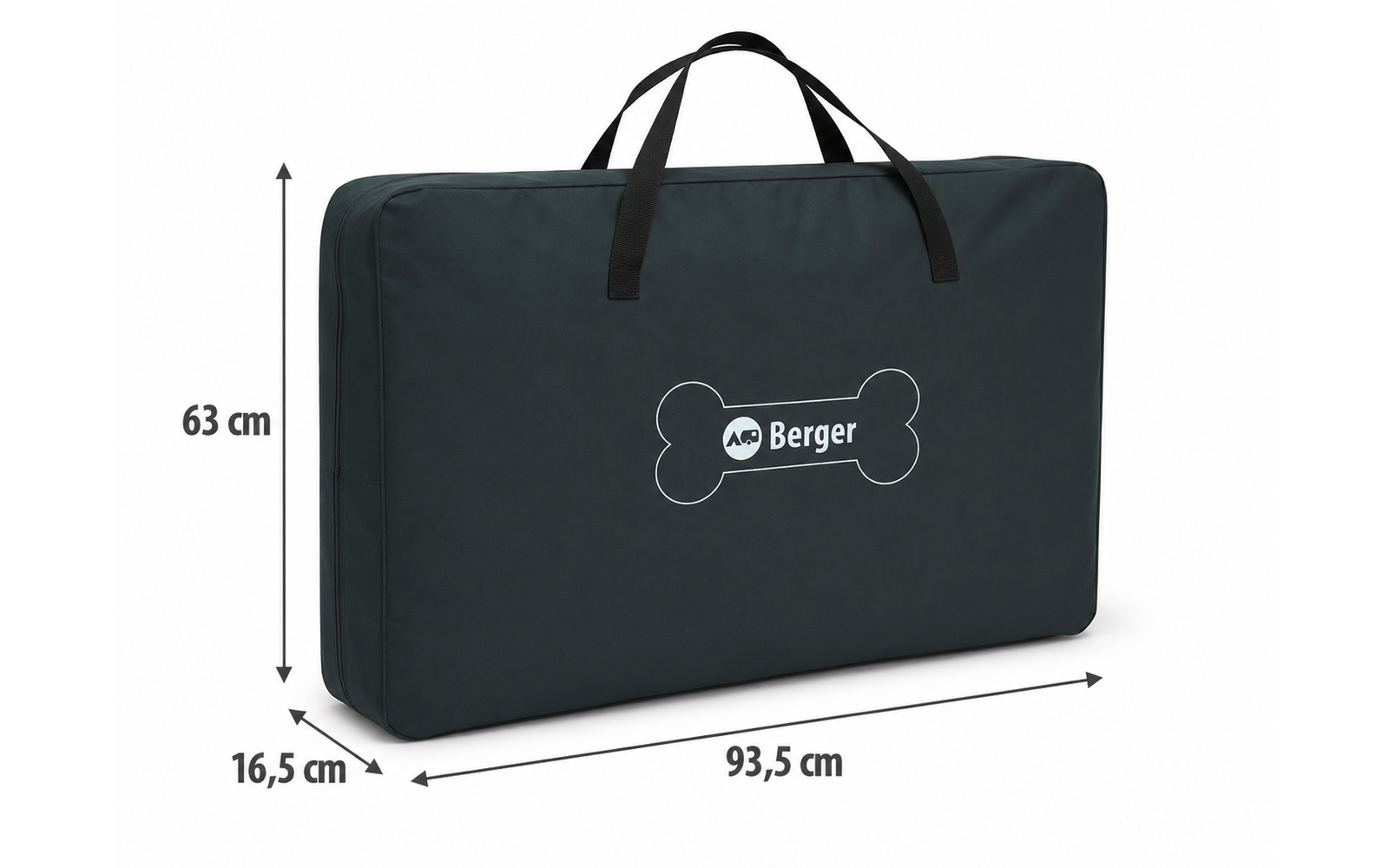 Rectangular dark carry bag with two handles, bone-shaped logo reading "Berger", and dimension markers 63 × 16.5 × 93.5 cm