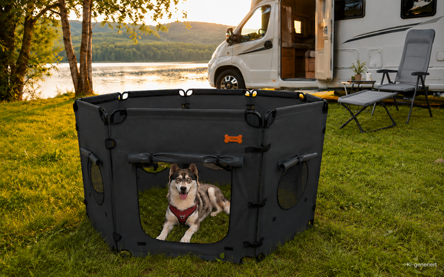 Dog lying inside a black foldable pet playpen on grass; background shows a lake, trees, and a white motorhome with an open door and two camping chairs