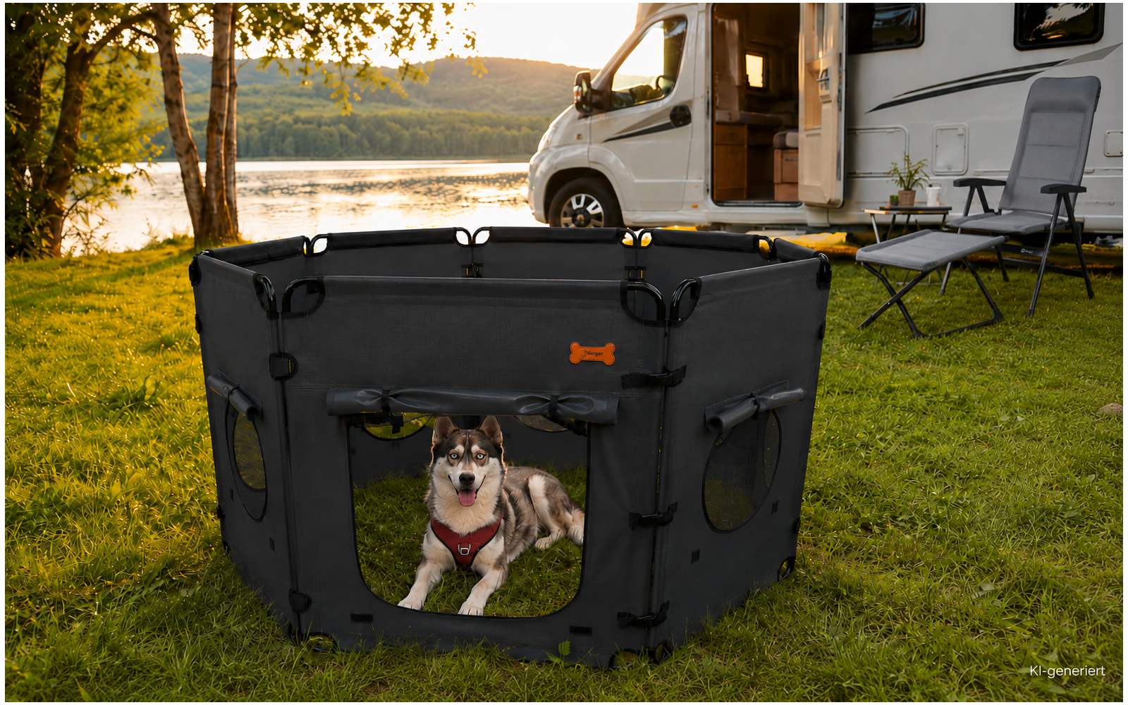 Dog lying inside a black foldable pet playpen on grass; background shows a lake, trees, and a white motorhome with an open door and two camping chairs