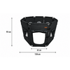Black octagonal foldable playpen with mesh windows, front zipper door open, small orange logo; displayed dimensions: 93 cm, 62 cm, 150 cm